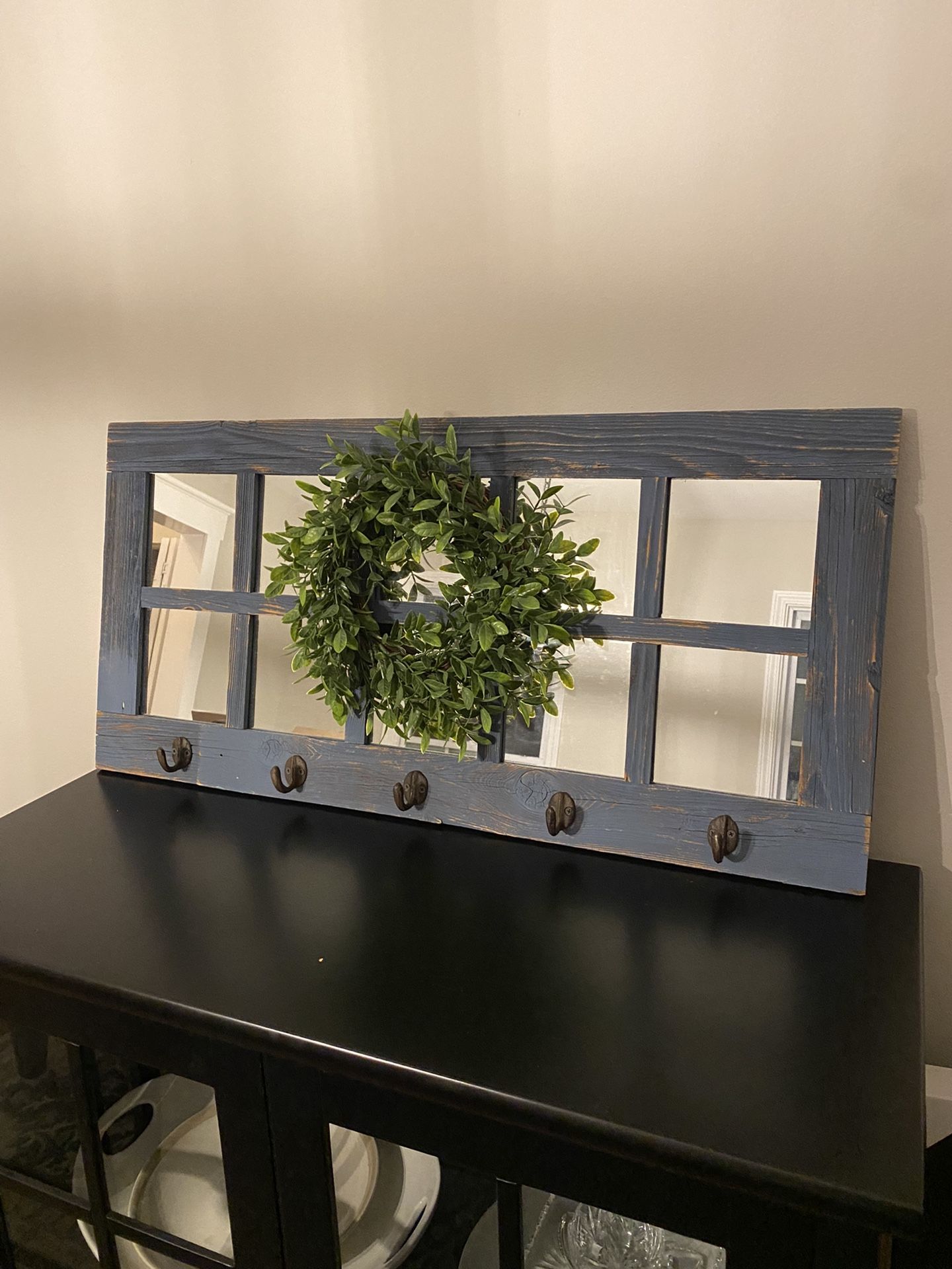 Window Pane Mirror With Coat/key Hooks