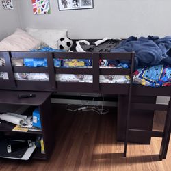 Wooden Mini Loft Bed With Pull Out Desk And 3 Drawer Dresser