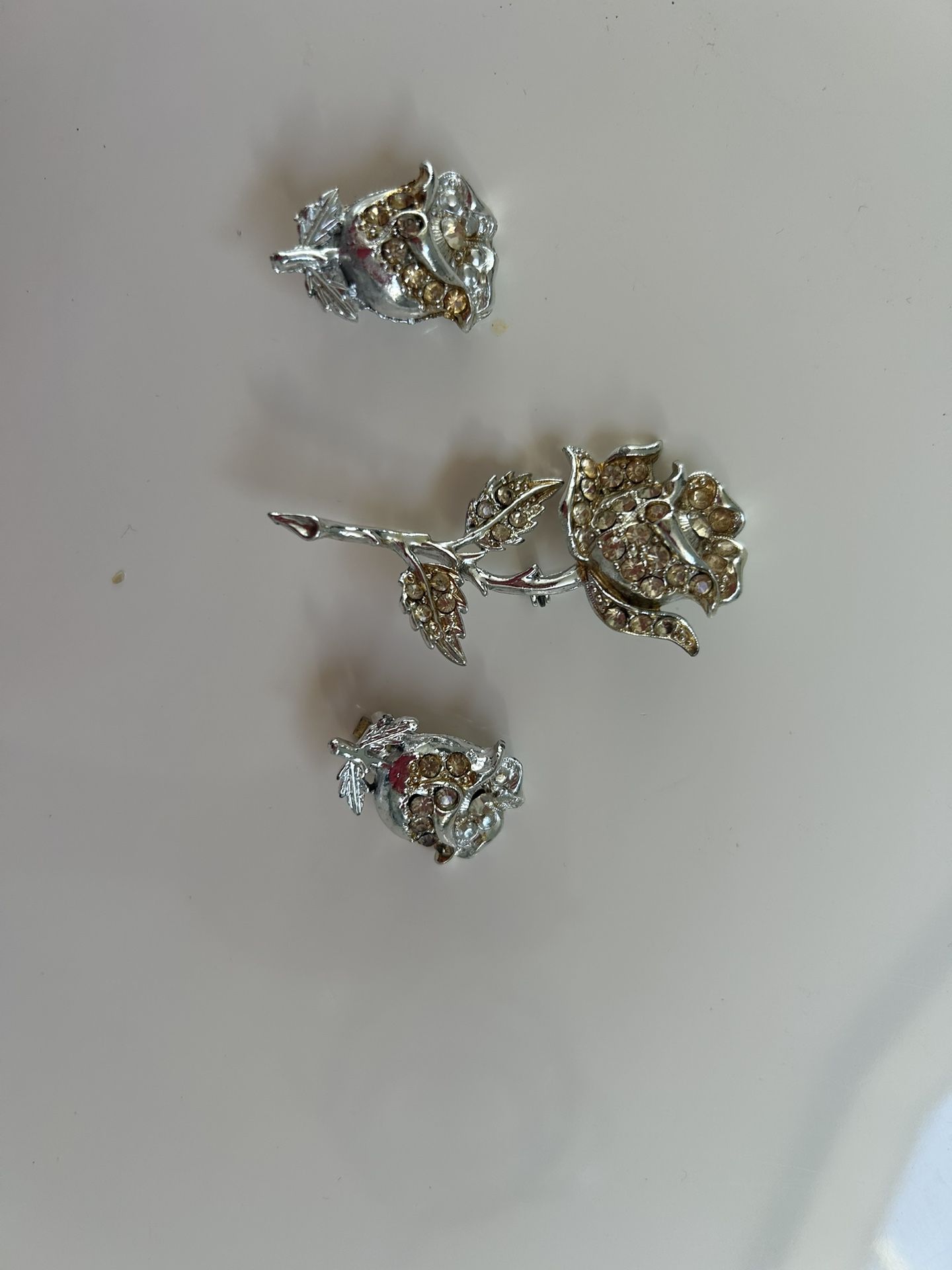 Vintage Rhinestone Rose Brooch Pin Silver Setting Flower And Earrings Set
