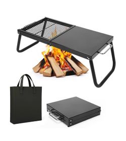Folding Campfire Grill,Enameled Coating Grate, Heavy Duty Camp Grill Grate, Portable Camping Grates Over Fire Pit, Campfire Grill Cooking Equipment wi