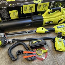 RYOBI 40V HP Brushless 650 CFM 160 MPH Cordless Leaf Blower and Carbon Fiber String Trimmer with 4Ah Battery and Charger