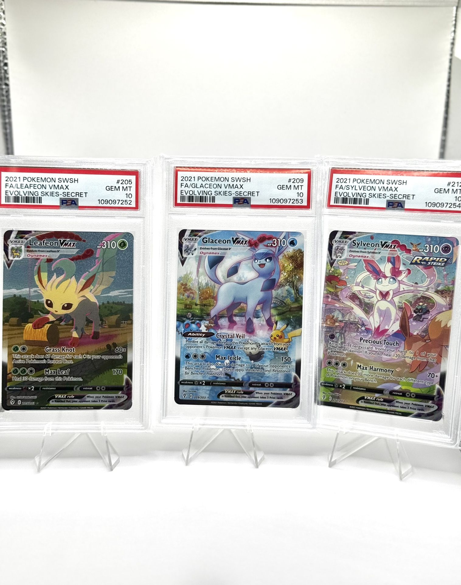 PSA10 Leafeon Vmax, Glaceon Vmax, Sylveon Vmax (sequential)