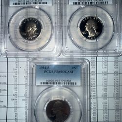 1977-S, 1982-S, 1984-S PR69 DCAM Clad Washington Quarters