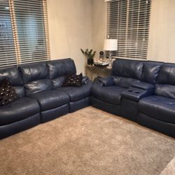 Navy Blue Electric Reclining, Loveseat, And Sofa