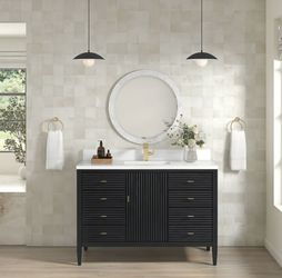 James Martin Vanities Myrrin 48" Single Basin Wood Vanity Set with 3cm White Zeus Silestone Quartz Vanity Top, Rectangular Sink and Electrical Outlet 