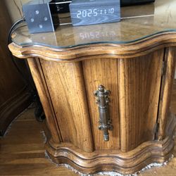 Two Matching Solid Wood Glassed Top End Tables $75 Each