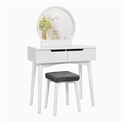 Vanity Set, Makeup Dressing Table with Round Mirror, 2 Large Drawers with Sliding Rails, Cushioned Stool, 31.5 x 14.8 x 50.4 Inches, White
