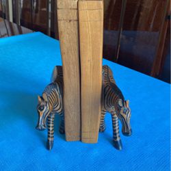 Vintage collectible pair of wood zebra bookends