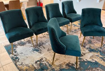 6 Luxury Teal Velvet Dining Chairs w/ Gold Legs – Modern Glam Set