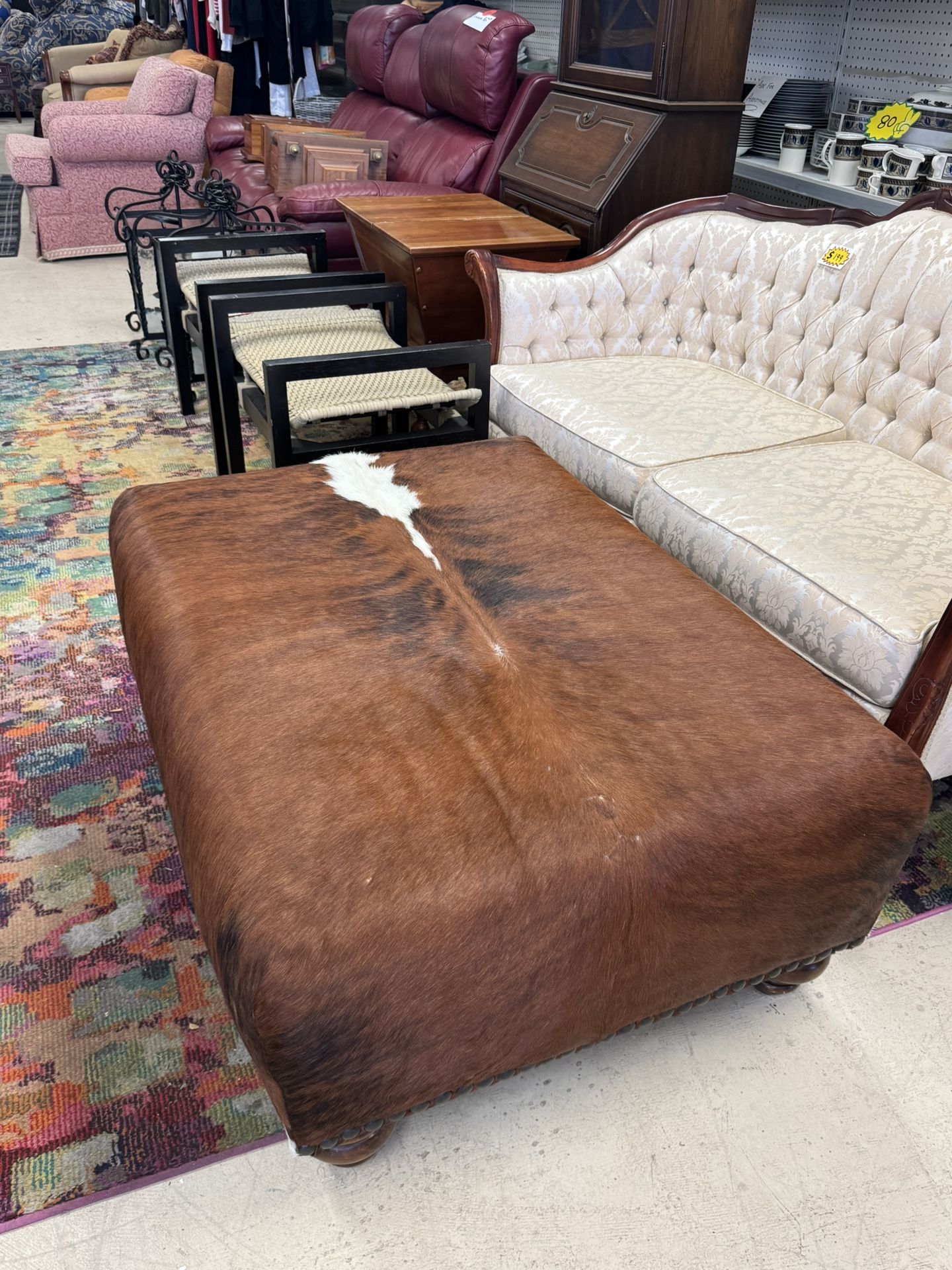 Genuine Brazilian Tri Color Cow Hide Cowhide Ottoman - 43” x 31” Amazing Condition - Retail: $3600