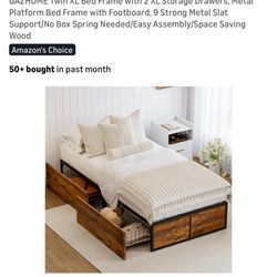 GAZHOME Twin XL Bed Frame with 2 XL Storage Drawers, Metal Platform Bed Frame with Footboard, 9 Strong Metal Slat Support/No Box Spring Needed/Easy As