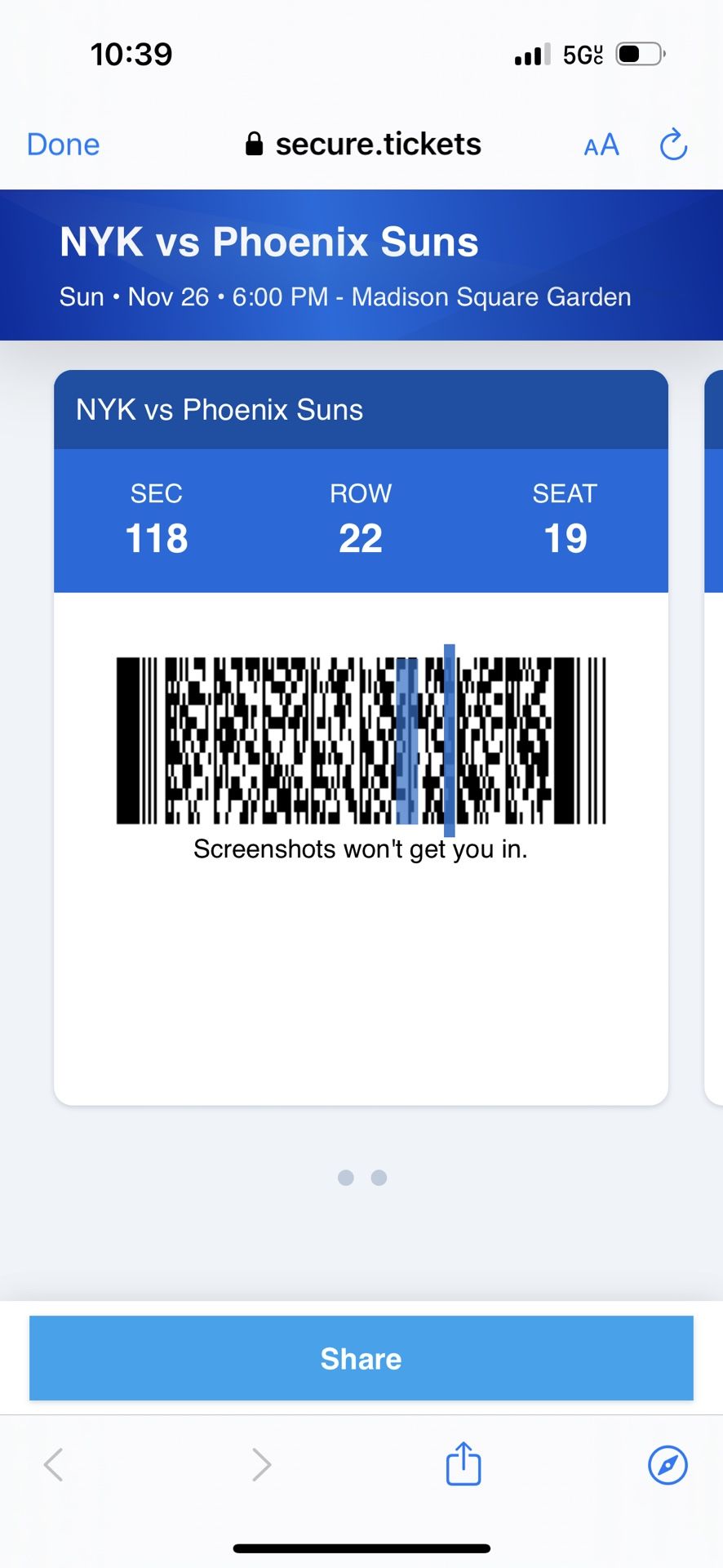 Knicks Vs Phoenix Suns Section 118 Row 22 11/26