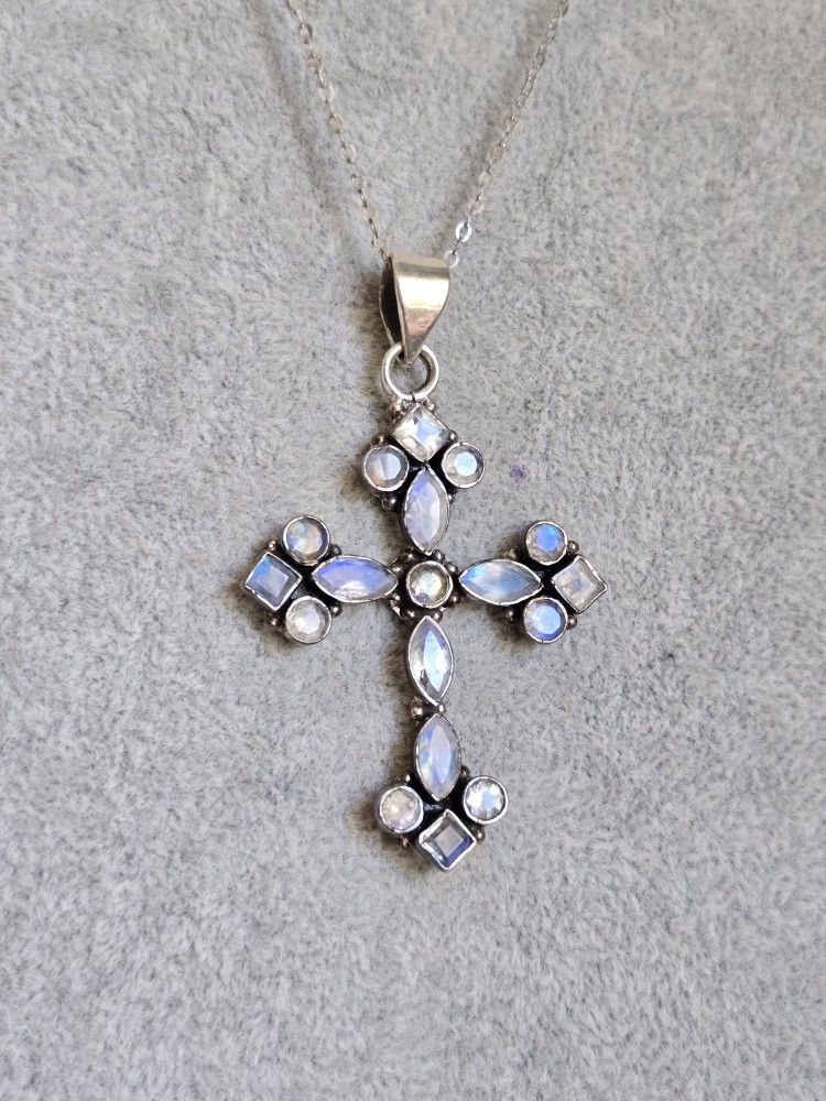Vintage Sterling Silver Moonstone Maltese Style Cross Pendant