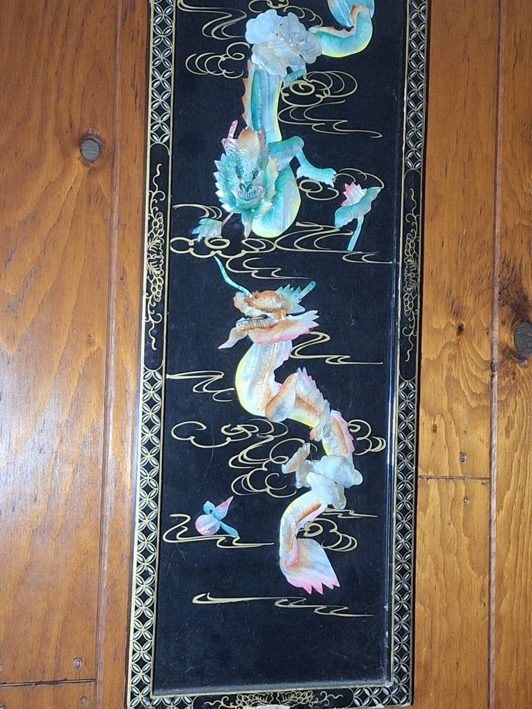 Mother of Pearl Dragons Asian Art Panels Mid Century Black Lacquer w Shell Art