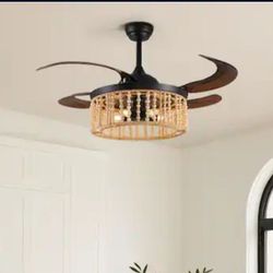 Elegant Ceiling Fan Wood Bead Lampshade Black , Remote