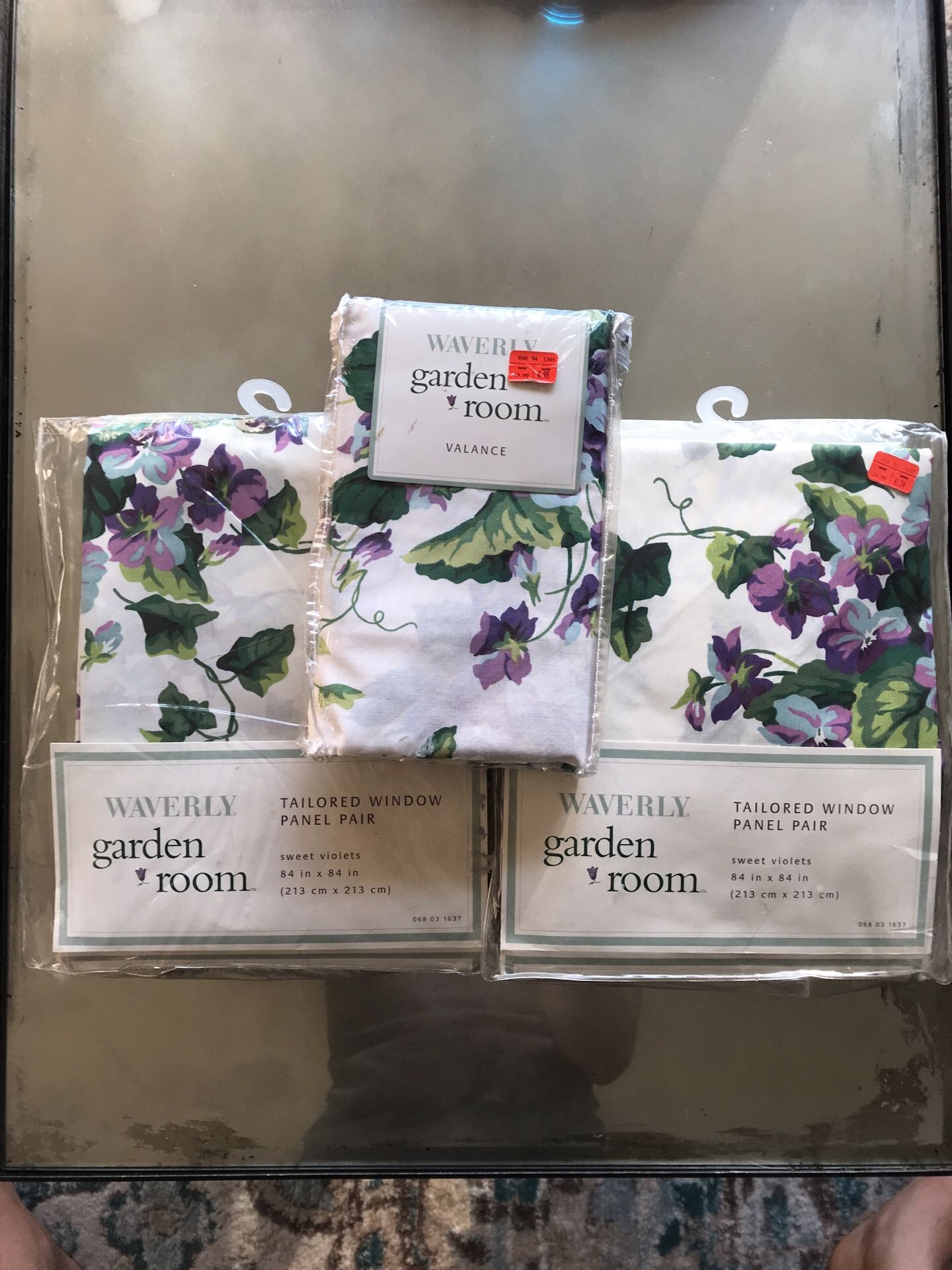 Brand new! Waverly, sweet violets, 4 window panels, tie backs and valance