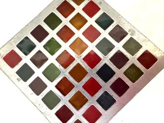 Vtg Metal metal Trinket Box with Colorful Sained Glass Grid Lid 3” square   made is USA likely from the 1960s or 70’s