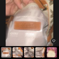 Michael Kors Beige Brown Logo Shoulder Bag Gold Hardware Zip Closure