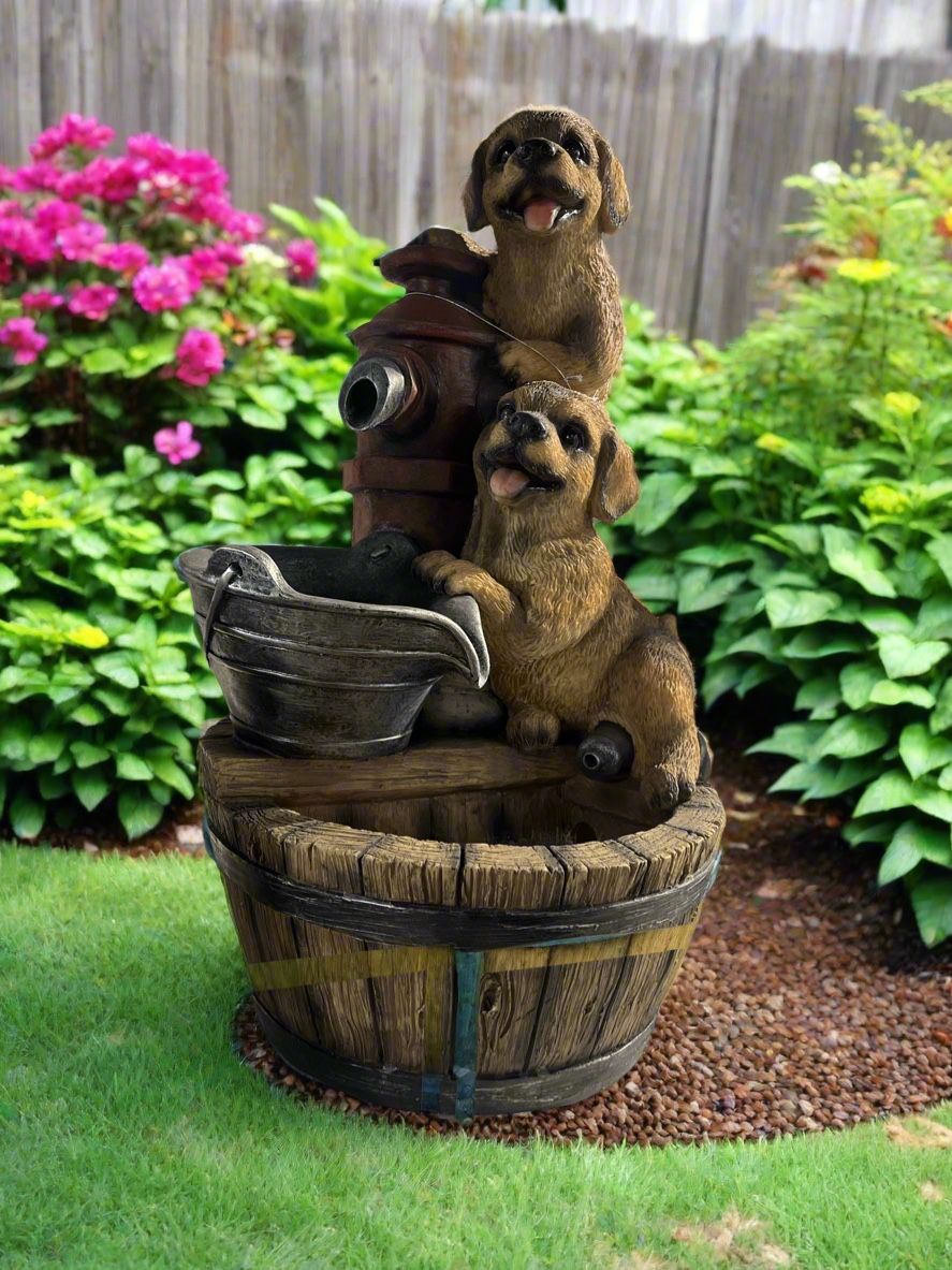 Outdoor Garden Yard Decor Dog Puppy Fire Hydrant Water Feature Fountain with LED Lights