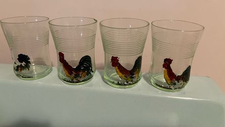 Vintage rooster juice glasses set of 4 - hand-painted - 2.5” tall
