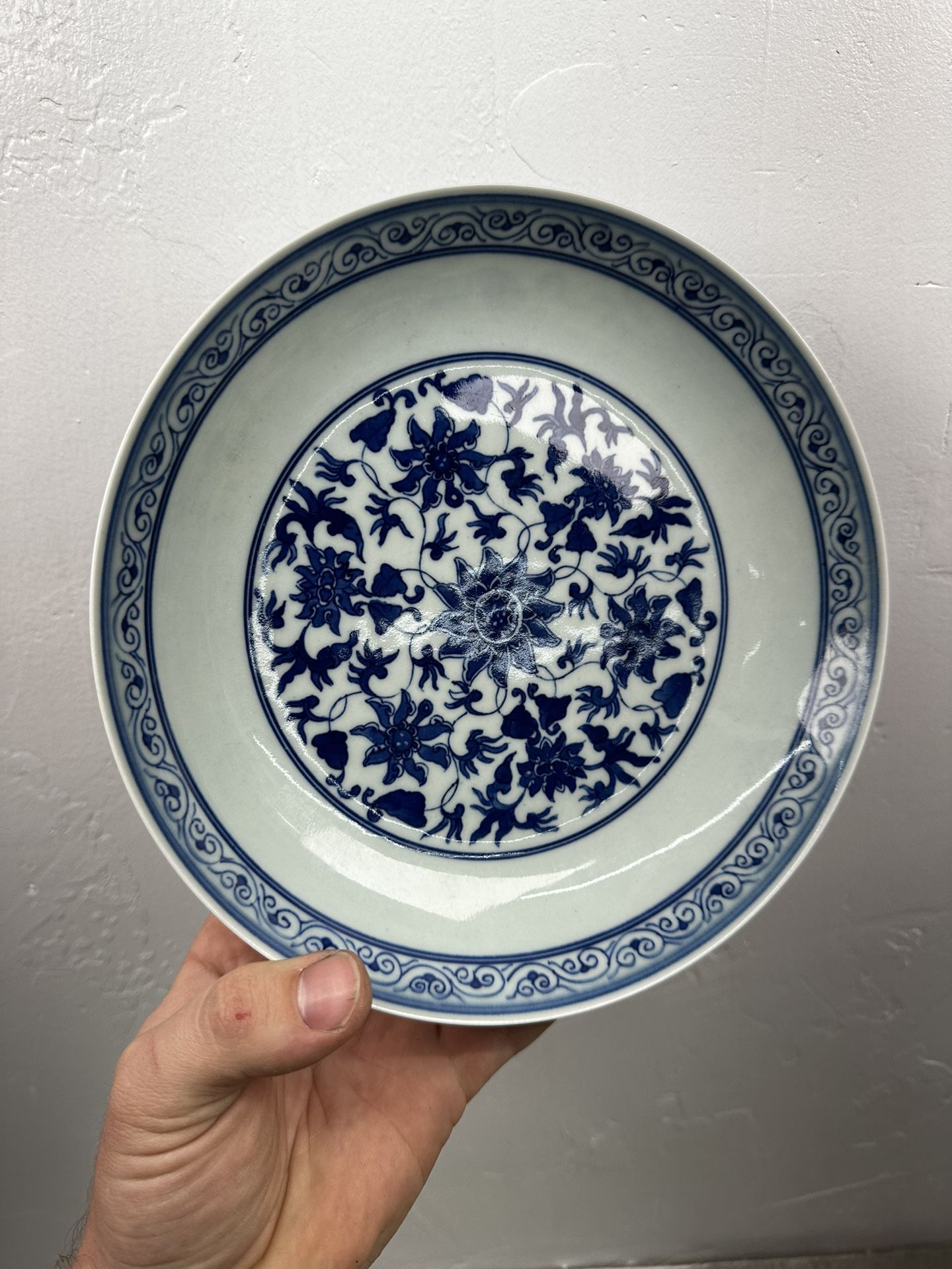 Antique Chinese Qing Dynasty Style Blue And White 'Lotus' Dish 6 Character Mark