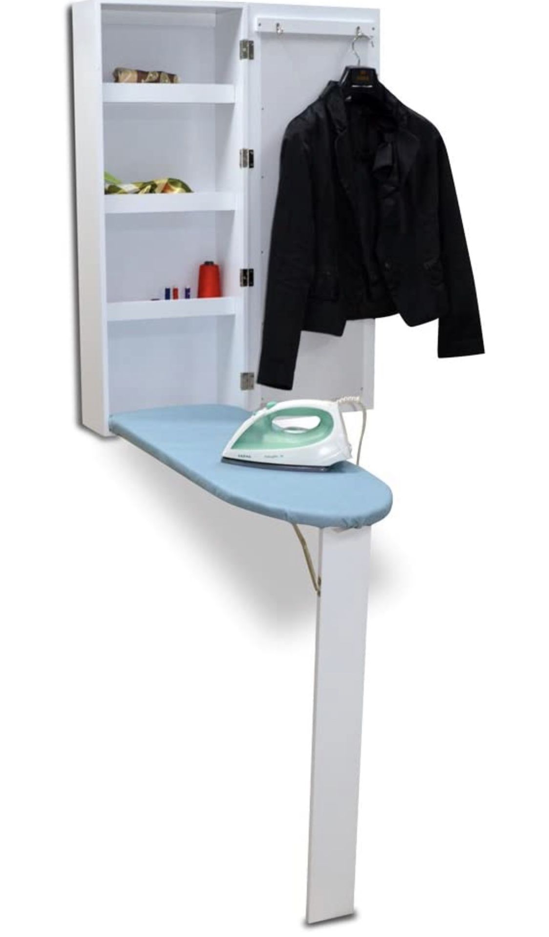 Organizedlife White Wall Mount Ironing Board Center Cabinet with Mirror and Storage Shelves