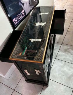 Vintage Oriental Black Lacquer Buffet Inlaid with Mother of Pearl With Glass Top-48”Lx17”Wx32”H