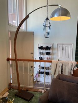 Mid-Century Modern Wooden Retro Arc Floor Lamp with Chrome Dome Shade