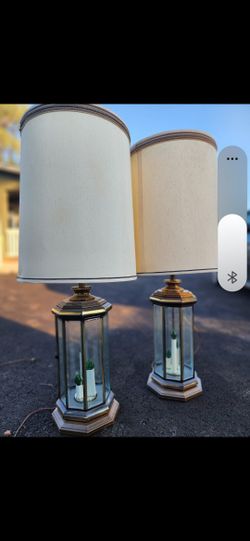 Vintage Mid Century Pair of Brass & Glass 3 Candle Table Lamps
