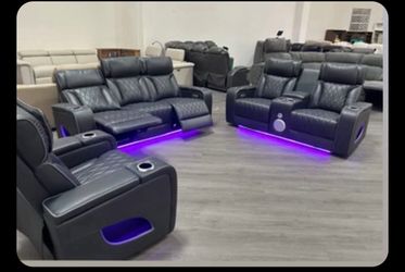 Brand New Leather Recliner Sofa Set with LED Lighting And Speakers