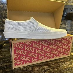 Vans New In Box White Leather Perforated Classic Slip On 