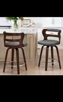 Gray Solid Wood Swivel Bar Stool Faux Leather 26 inch Barstools(2Pcs)