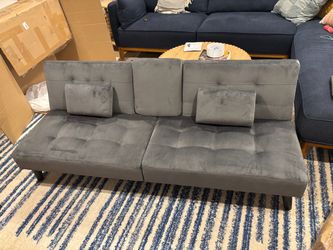 BRAND NEW Gray Velvet Tufted Futon Sofa with Pillows