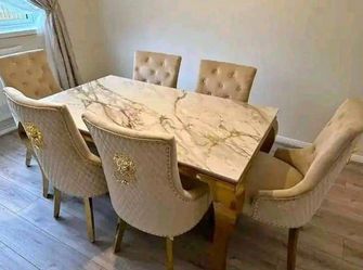 Modern Marble-Look Dining Table Set + 6 Upholstered Chairs