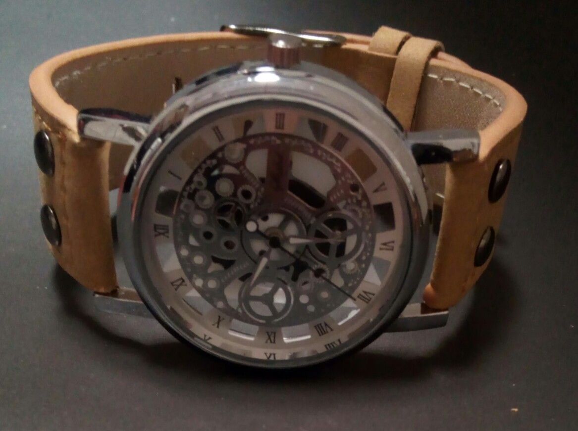 See-Thru Hollow Dial Watch -Brand New -All Glass Front & Back Dial Showing Parts Inside -Leather Strap