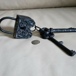 Medieval Cast Metal Iron Lock With Keys Lodge Home Decor Measures 11" Long.