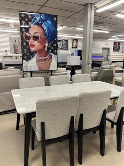 Modern Design, White Marble Look Dining Set with High-Back Upholstered Chairs