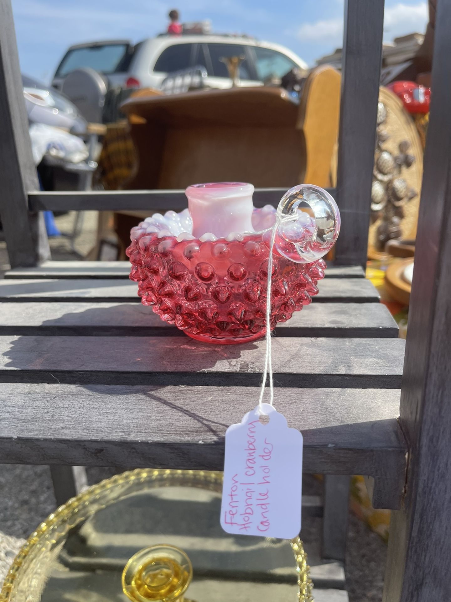 Fenton Cranberry Colored Glass Hobnail Candle Holder