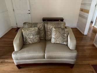 Beige Fabric Loveseat with Accent Pillows
