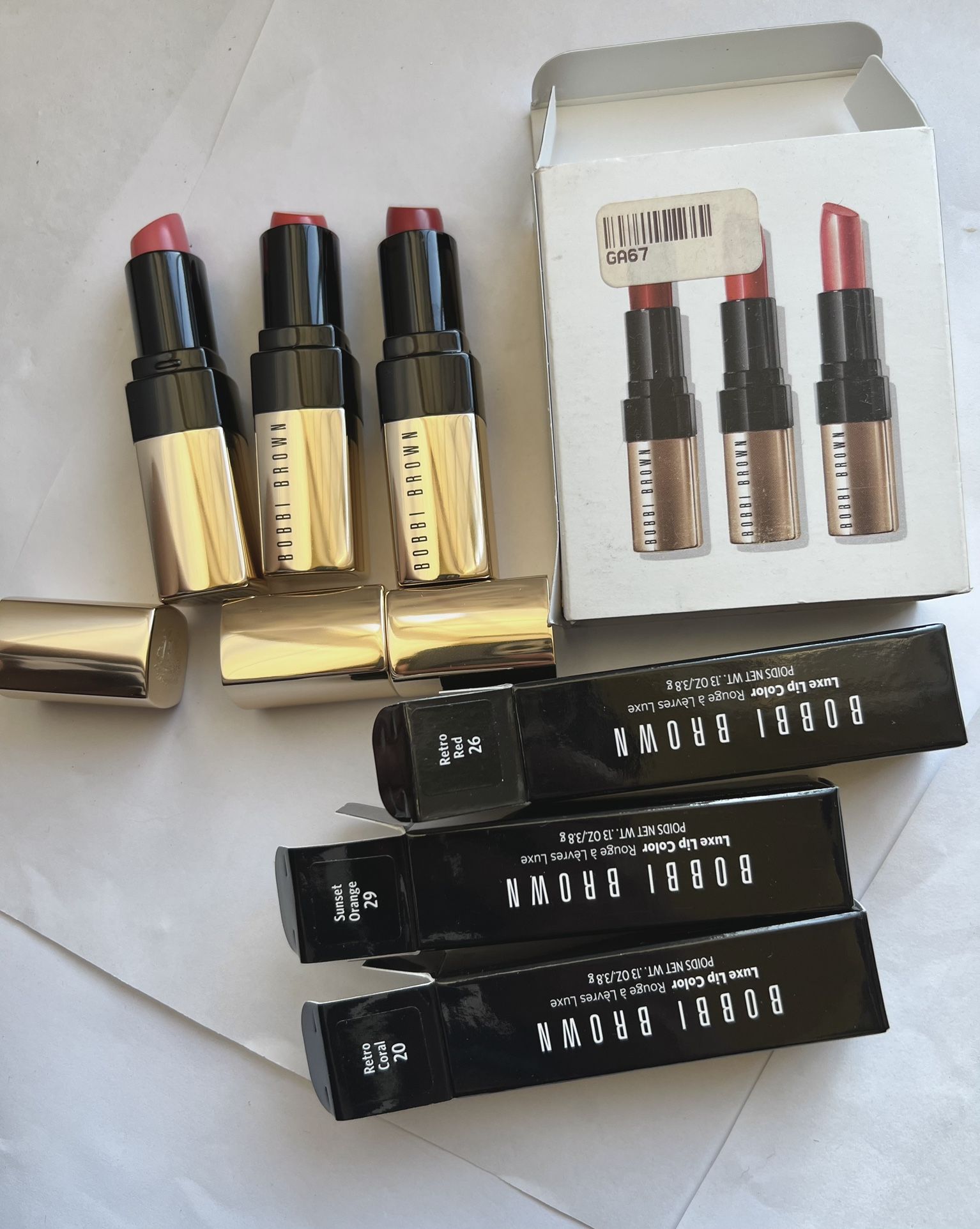 Bobbi Brown Luxe Lip Color Trio Retro Red Coral Sunset Orange 3 Full Size NIB