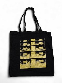 Y2K Pierce The Veil Eyes Graphic Tote Bag Black Canvas Modern Band Merch Emo Tote Bag Gold Eyes PTV Star Logo ☠️ Black canvas tote. Front: Gold / ye