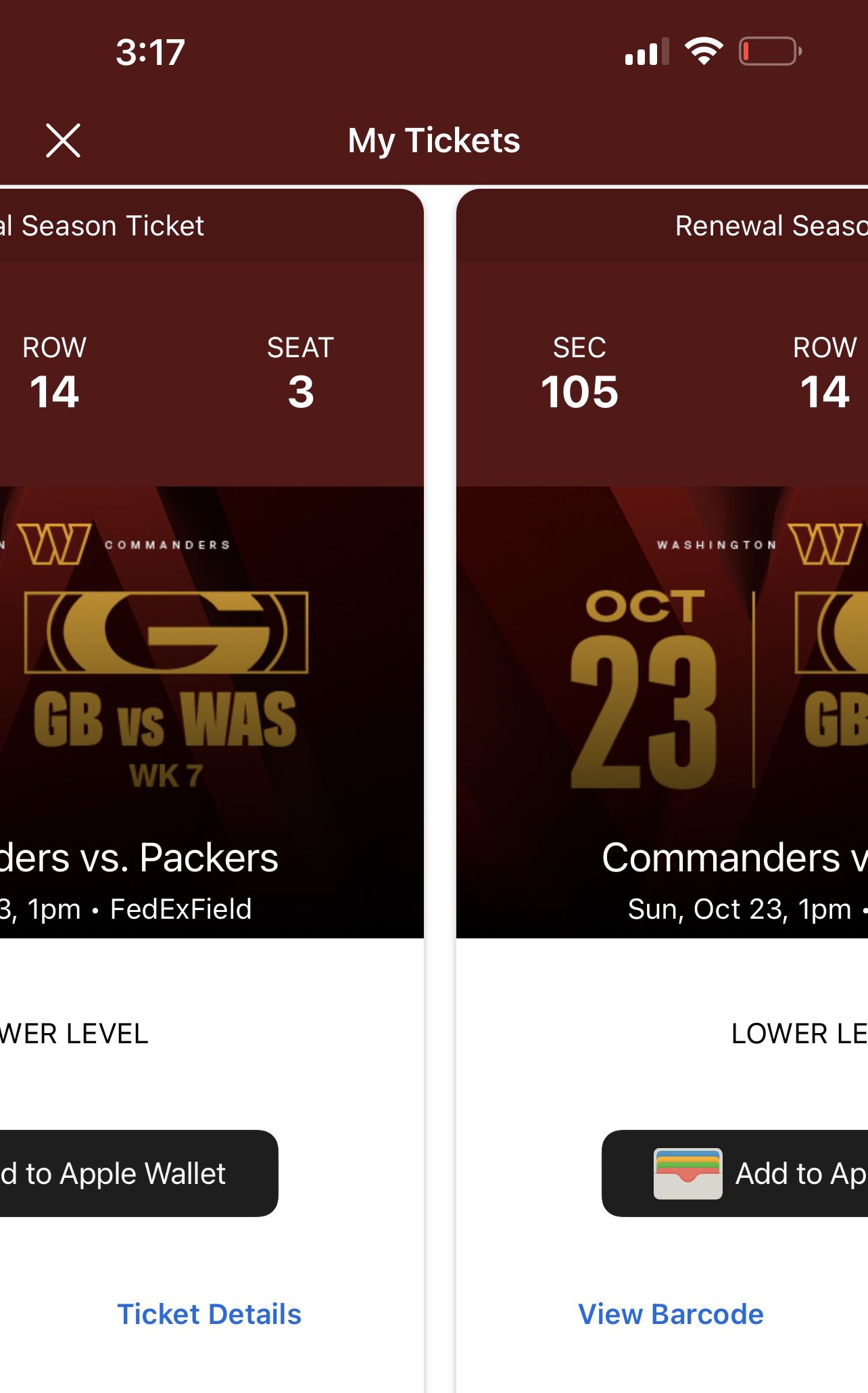 100 Level Commanders Vs Packers Tickets!!!