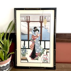 The Winter Geisha Cross Stitch Completed Framed Wall Art *CRACKED GLASS* 14.5x22”