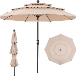 9 FT Outdoor Patio Umbrella, 3 Tier Market Table Umbrella with 8 Sturdy Fiberglass Ribs and 1.5’’ Pole, Smooth Button Tilt Patio Umbrella for Backyard