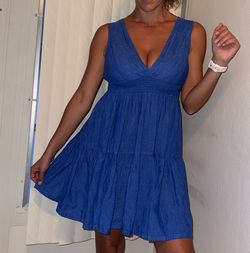 Women's Blue V-Neck Tiered 100% Linen Dress Made in Italy