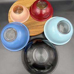 Vintage Clear Bottom Pyrex Nesting Bowls Lot of 5 Black Red Pink Moody Blues