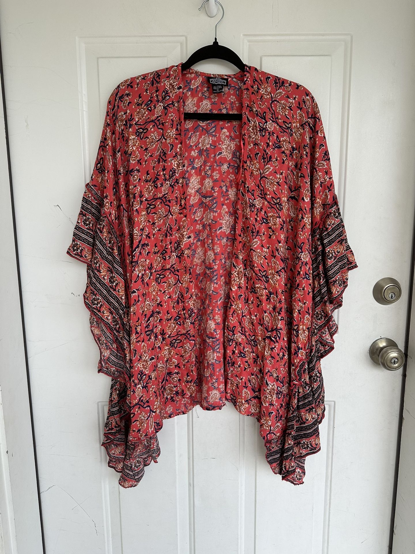 ANGIE Women's Ruffle Sleeve Kimono Open Front Kimono Top Floral Ruffle Trim Sz L