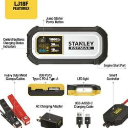 STANLEY
Stanley FatMax 1800A Lithium Jump Starter with 30W USB-C-PD In/Out and 15W USB-A Out, Includes Clamps