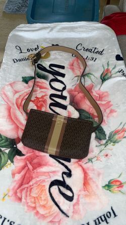 Michael Kors logo center stripe faux-leather belt bag in brown with a beige stripe