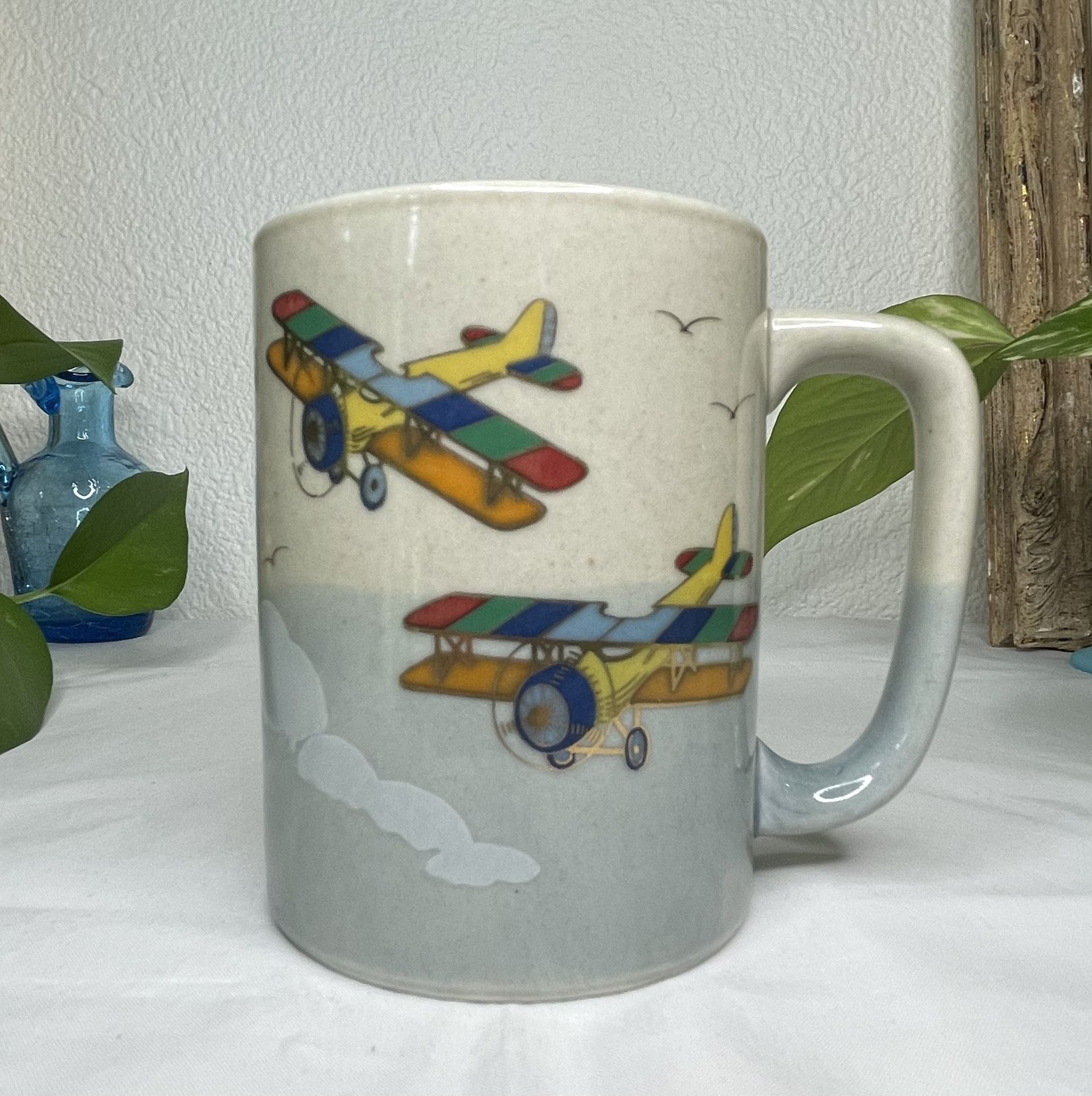 Vintage Otagiri Rainbow Colored Embossed Biplanes Coffee Mug
